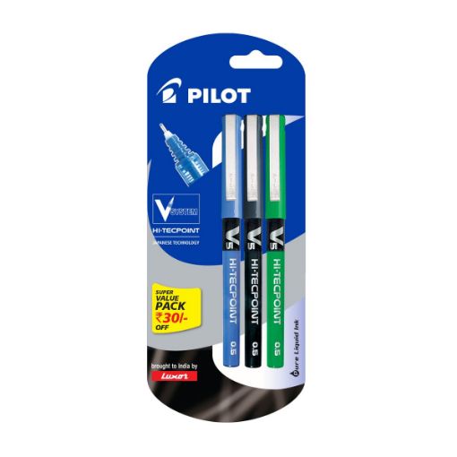 Picture of Pilot V5 Liquid Ink Roller Ball Pen - 1Blue + 1Black + 1Green